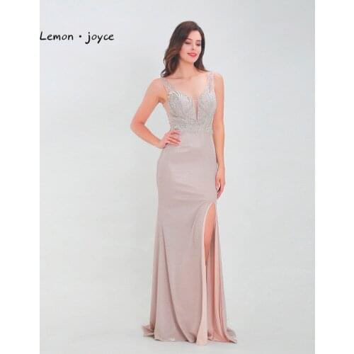 Lemon joyce Formal Evening Dresses 2020 New Style V-neck Sexy Illusion Backless Beading Floor Length Prom Party Gowns Plus Size