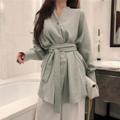 Mazefeng Autumn V-neck Lace Up Long Women Blouse Shirts Elegant Slim Waist Female Blusas 2021 Casual Women Bandage Tops