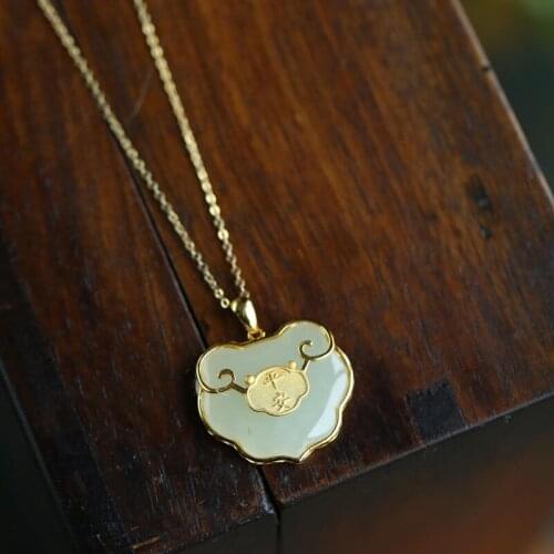 Retro 925 Silver Hetian Jade Pendant Simple Fashion White Jade Safe Lock Pendant, Designed for Women To Create Jewelry
