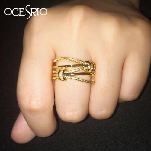 OCESRIO Luxury Zircon Gold Rings for Women Girls Cubic Zirconia Womens Wave Rings Jewelry CZ Dubai Gold Jewellery rig-f85