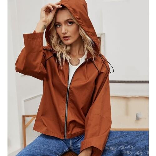 Brown Hooded Windbreaker Jackets And Coats Women 2021 Full Sleeve Zipper Up Spring Autumn Clothes Ladies Casual Loose Outwears