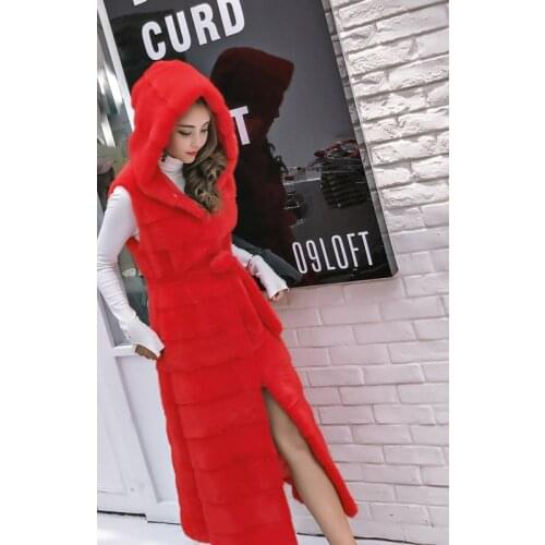 Women Rabbit Fur Vest With Hood Belt Winter Real Nature Rabbit Fur Coat X-Long Custom Size Jacket Free Shipping S181118