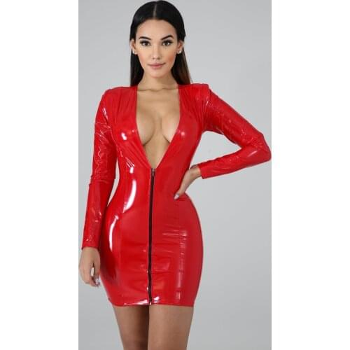 JRRY Women PU Leather Dresses Long Sleeve Zippers High Elasticity Sheath Clothing Deep V Neck Short Outdoor Wear