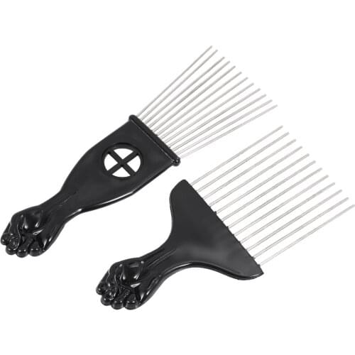 2Pcs Insert Afro Hair Pik Mental Pick Comb African American Afro Comb Hair Combs Brush Hairdressing Styling Tool Black Fist