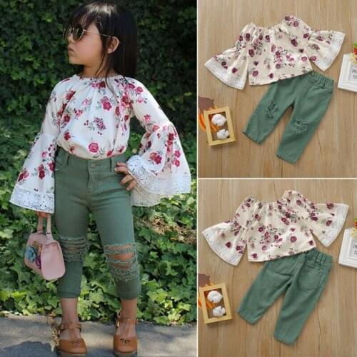 2Pcs Toddler Kids Baby Girl Off Shoulder Flare Sleeve Tops+ Solid Denim Pants Jeans Outfit Set Children Autumn Fahion Clothes
