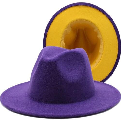 2020 New Purple Yellow Patchwork Wool Felt Jazz Fedora Hats with Belt Buckle Men Women Wide Brim Panama Cowboy Trilby Hat L/XL