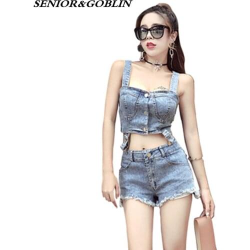 2019 Sexy Denim Tracksuit Women Spaghetti Strap Crop Top and Jeans Shorts Female Fashion Denim Tassel Shorts Jeans Two Piece Set