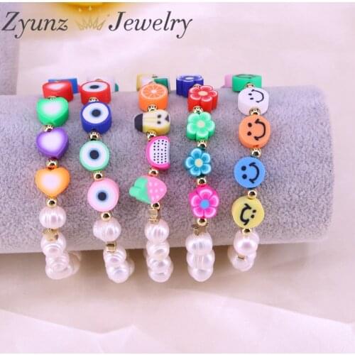 5PCS, Colorful Heart Flower Star Smiley Face Fruit Soft Polymer Clay Pearls Bracelet For Girls Elastic Beads Bracelet Woman Gift