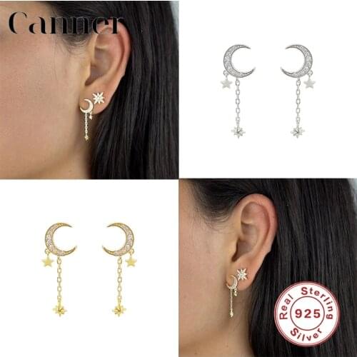 Canner Plata De Ley 925 Stud Earrings Moon Crescent Zircon Long Chain Tassel Earrings For Women Fine Jewelry Aretes 2020 W5