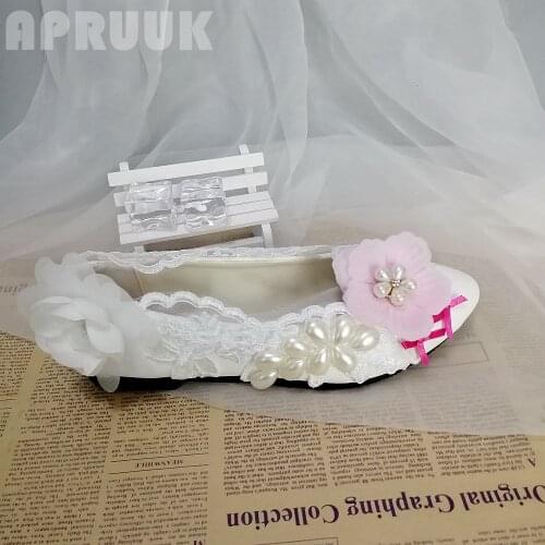 White pink flower pearls bridal brides wedding flats shoes plus size 41 42 female ladies party dancing proms dress shoes womens
