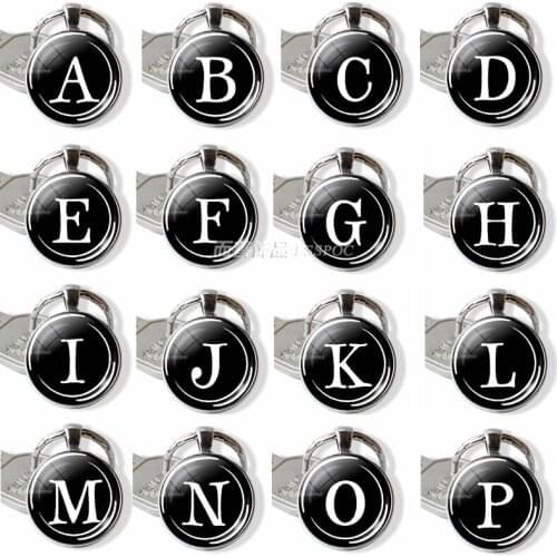 26 Letters Silver Color Fashion Letter Keychains Letter Bag Round Glass Dome Key Chain Ring Accessories For Birthday Gift