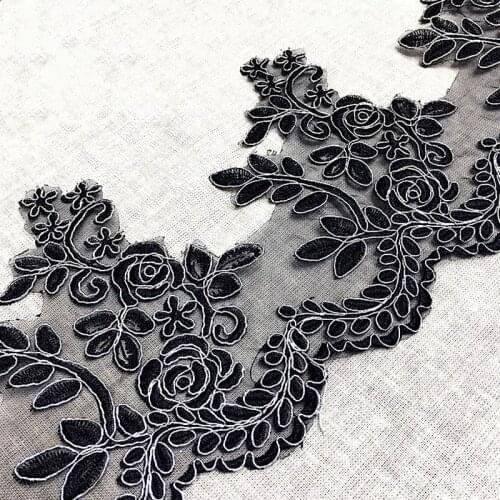 Black Lace Bridal Applique Beading 3D Flower Cord Embroidered Wedding Dress 19CM