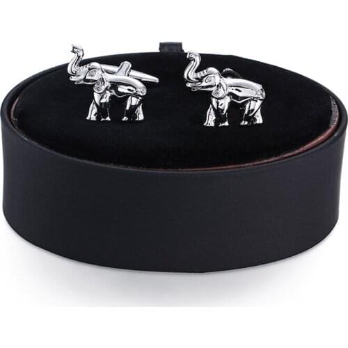 DY is a set of mens French shirt Cufflinks box large animal Silvery Elephant Cufflinks black leather box set free shipping