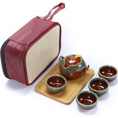 Chinese Kungfu Tea Set with Porcelain Teapot Teacups Bamboo Tea Tray Portable