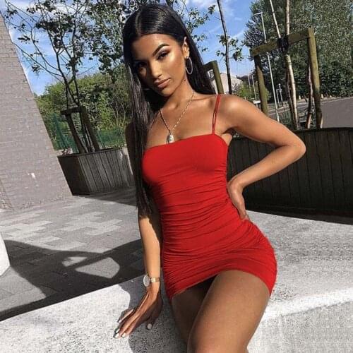 Summer Woman Solid Color Sleeveless Spaghetti Strap Low-cut Blackless Party Club Sexy Bodycon Mini Dress