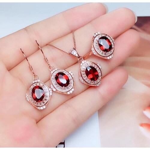 Best Gift Natural Real Natural Garnet Jewelry Set 1pc Ring 1pc Pendant 1pair Earrings 925 Sterling Silver High Jewelry