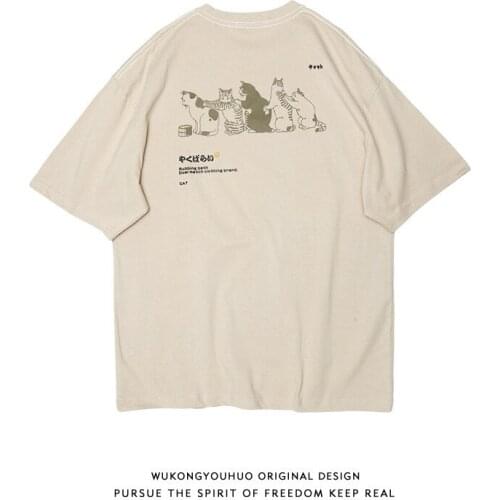 2021 New Amoi Japanese funny printed round neck short sleeve t-shirt mens fashion brand retro loose couple short tee