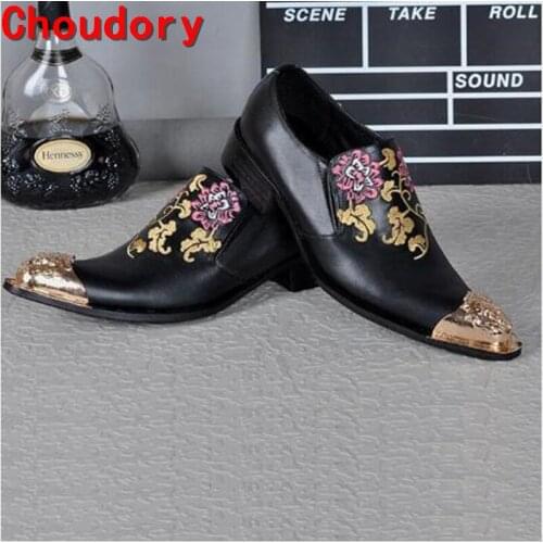 New Hot Sale 2017 Embroidery Flowers Gold Dress Shoes Men Wedding Oxfords Mocassin Homme Black Genuine Leather Italian Men Shoes