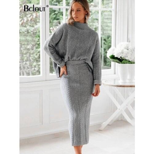 Bclout Autumn Winter Elegant Fashion 2 Piece Set Gray Sweater Two Piece Set Women Sweater Long Skirt Turtleneck Shirt Polyester