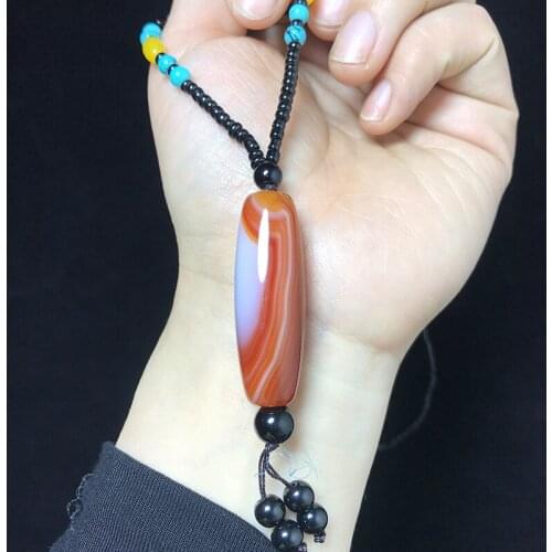 Natural Black Sardonyx Dzi Bead Pendant Pebble Rain Flower,Stone Handle Polished Agate Sweater Chain pendentes pendant necklace