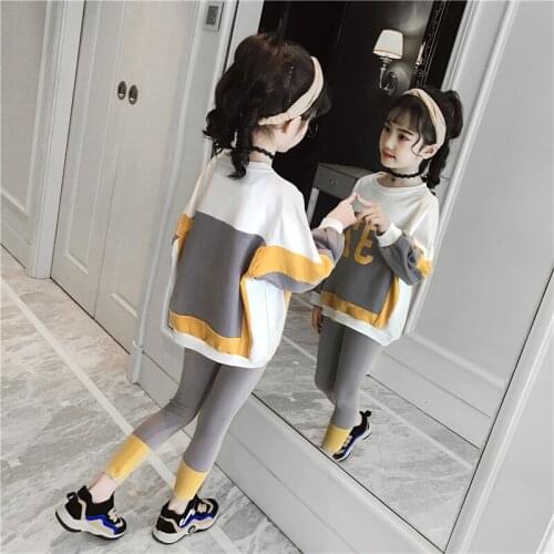 Direct Deal 2019 Girls Spring Sport Clothes Tops + Leggings Twinset Children Fashion Spliced Clothing Set Kids Sweater Suit B158