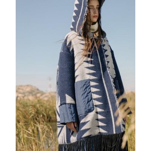 Design Women Original Puffer Coat Winter Indian Totem Pattern Tassel Thicken Warm Jacquard Wool Patchwork White Duck Down Jacket