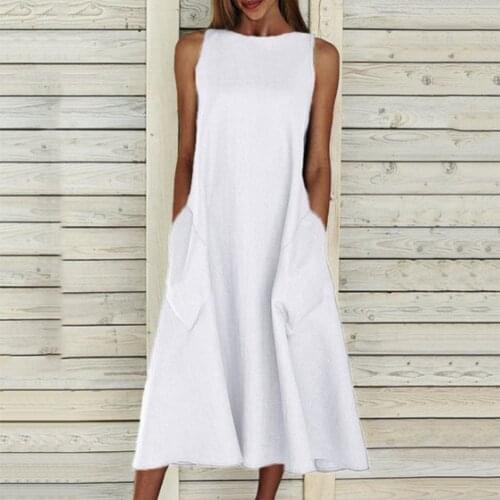 Women A-Line Midi Dress Boho Sleeveless Pocket Beach Oversize Holiday Long Maxi Dresses Summer Vestidos Drop Shipping White Blue