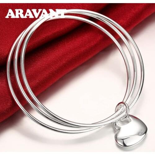 Silver 925 Jewelry Multi Circle Triple Ring Bangle Heart Charm Bangles For Women Silver Jewelry Gifts