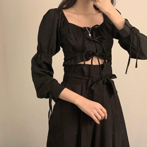 Two Piece Set Womens Summer Dress Harajuku Dark Gothic Lace High Waist Short Square Collar Shirts+Irregular Skirt Suits y2k traf