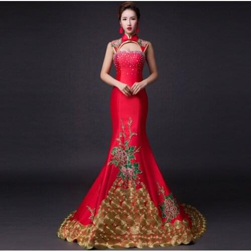 100%real china blue/red peacock/chinese peony embroidery pattern slim dress gown stage performance