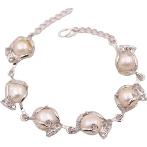 8-9" Long 12mm Natural Purple Baroque Pearl Inlay Glass Crystal Alloy Bracelet