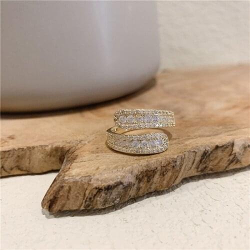 ALLNEWME Dainty Full CZ Stone Charm Rings for Women Brass Gold Twist Rope Water Wave Adjusting Open Ring Chic Wedding Jewelry