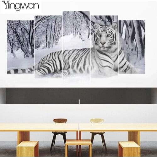 5D DIY Multi-Picture Diamond Painting White Tiger Full Diamond Mosaic Animal Cross Stitch Embroidery Rhinestones 5 Panel Decor