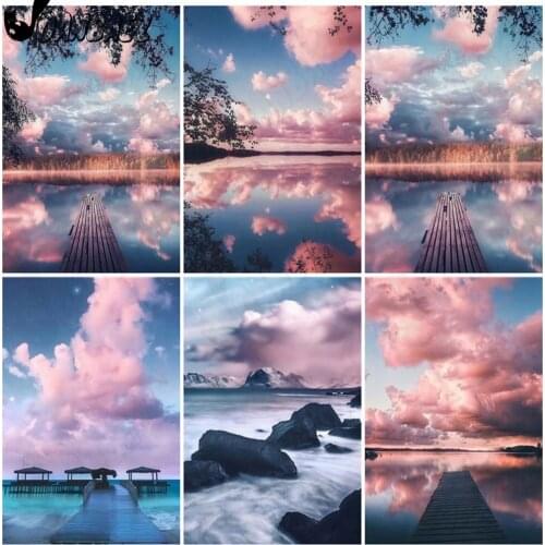 Seaside Landscape Diamond Painting 5D Diy Pink Sky Wall Art Sticker Diamond Embroidery Mosaic Inlaid Room Decoration Gift