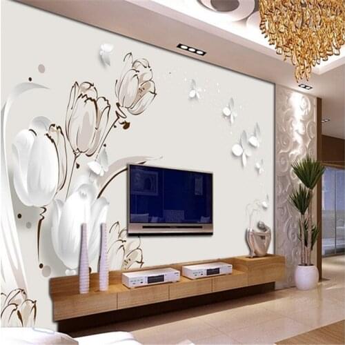 Beibehang Large custom wallpapers 3d stereoscopic tulip butterfly TV backdrop papel de parede 3d para sala atacado