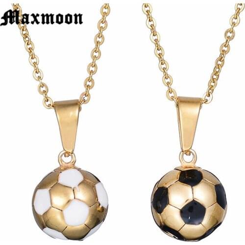 Maxmoon Football Soccer Pendant Necklaces Ball Enamel Jewelry Sporty Fashion Gold Color Stainless Steel Chain Men Bijoux