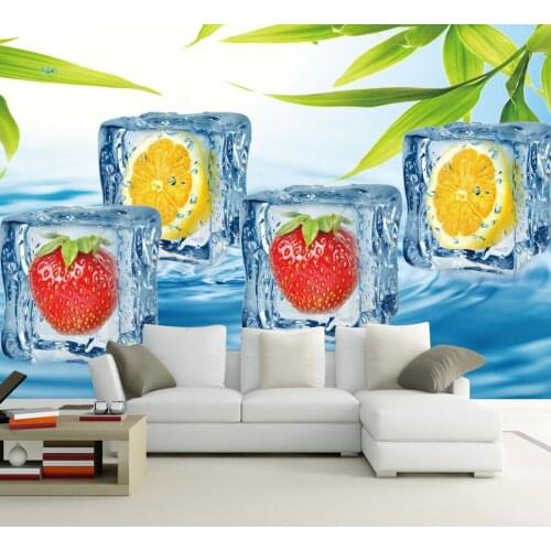Ice Cube Strawberry&Lemon Leaf 3d Wall paper Mural 3d Wall Photo Mural for Living Room Sofa Background 3d Wall Mural Wallpaper