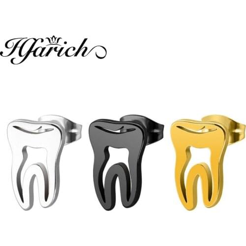 Hfarich Stainless Steel Hollow Teeth Stud Earrings Black Fashion Minimalist Tooth Dental Ear Studs Men Woman Jewelry Gift