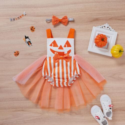 Newborn Baby Girl’s Casual Suspender Romper Dress Cute Halloween Printed Mesh Yarn Hem Jumpsuits and Headband Toddler Clothes