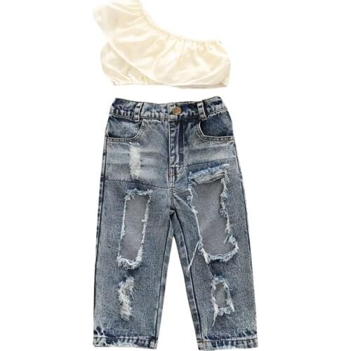 2Pcs Kids Girls Outfits Solid Color Flounce One-Shoulder Sleeveless Crop Tops + Ripped Jeans for Girls 18 Months to 6 Years