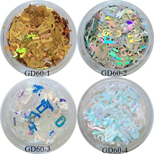 Cute Laser Gold and Silver High-light Blue Mixed Alphabet Letter Glitter Nail art Glitter Pieces Nail art decoration GD60