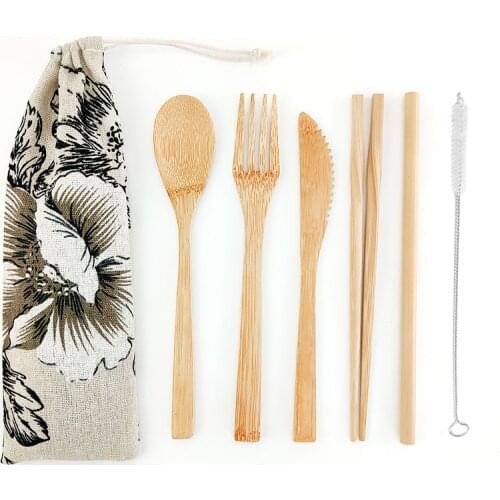 Bamboo Cutlery Set Reusable Knife,Fork,Spoon6 PCS set Portable Flatware set Reusable Dinnerware Set