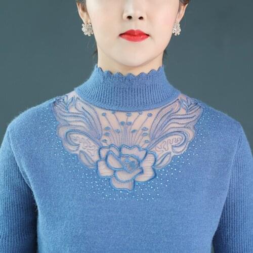 New Arrial Elegant Womens Autumn & Spring Lace Floral Half Turtleneck Sweater Middle-aged Mother Long Sleeve Knitted Blouse