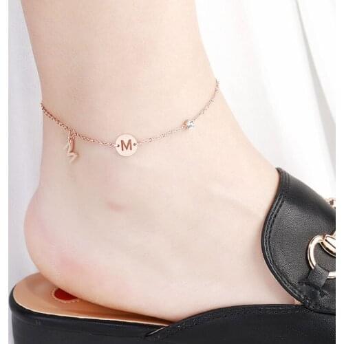 Letter M Round Pendant with White Zircon Rose-Gold Titanium Steel Anklet Women Fashion Jewlery Mothers Day Gift(GA132)