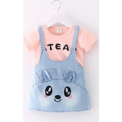 Oklady Patchwork Character Girl Dresses Short Sleeve Cute Mouse Children Clothing Kids Girls Dress Denim Kids Clothes