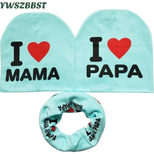 Autumn Winter Cotton Baby Hat Scarf Set I Love MAMA PAPA Print Boys Girls Beanie Cap Crochet Children Hat Scarf Collar Kids Hat