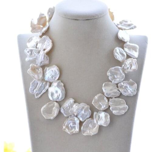 P7671 Big 17" 25mm White Baroque Lamina Keshi Pearl Necklace CZ