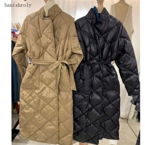 Sanishroly 2021 Long Winter Cotton Coat Thicken Rhombus Pattern Casual With Sashes Women Parka Jakcet Pockets Stylish Outwears