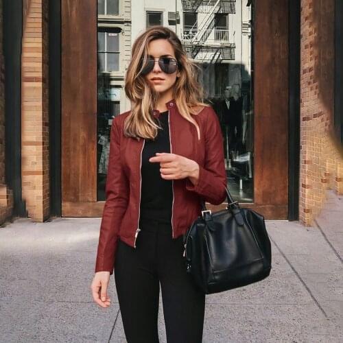 Casual Solid Color Zipper Women Jacket 2021 New Product Hot Sale Autumn Winter Fashion Stand Collar Slim Leather PU Small Suit