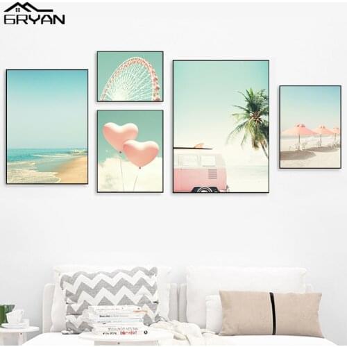 Romantic Pink Bus Balloon Ferris Wheel Poster Scandinavian Ocean Coastal Beach Canvas Print Painting Landscape Art Picture Decor